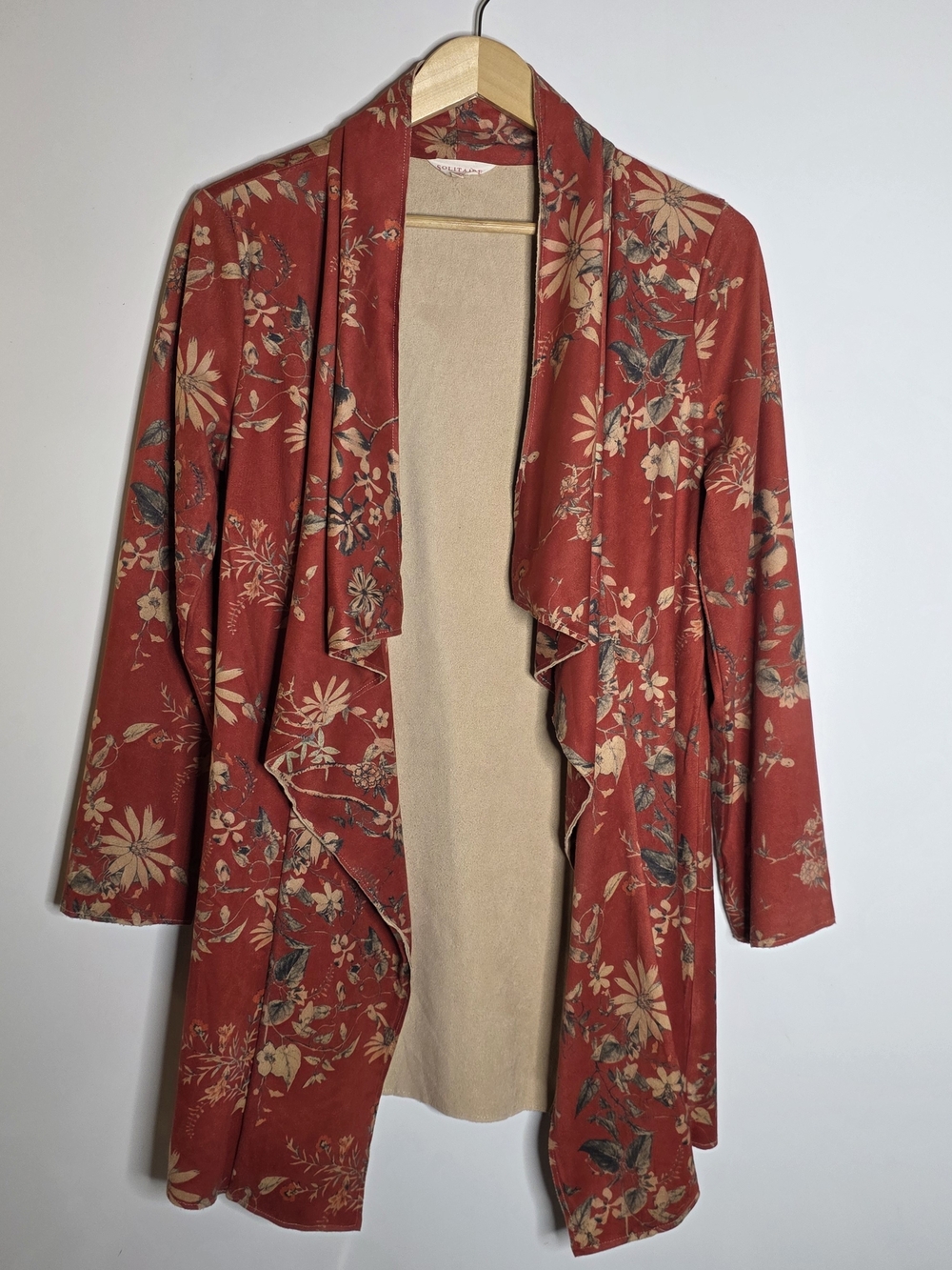 Solitaire Faux Suede Red floral drape front cardigan ** Some wear Size medium